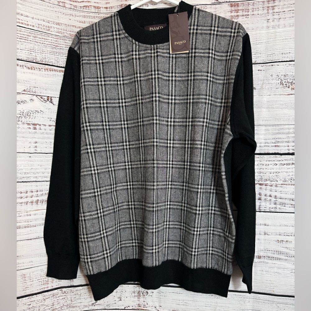 Pasaco Paris sweater Mans size 50 plaid Knit lyocell Wool Blend pullover New
